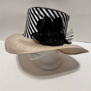 Whittall & Shon Designer Straw Hat Black and White Stripe Leather Flower EUC
